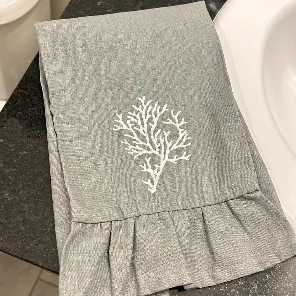 2 Royal Standard embroidered coral starfish hand towels linen cotton NWT grey